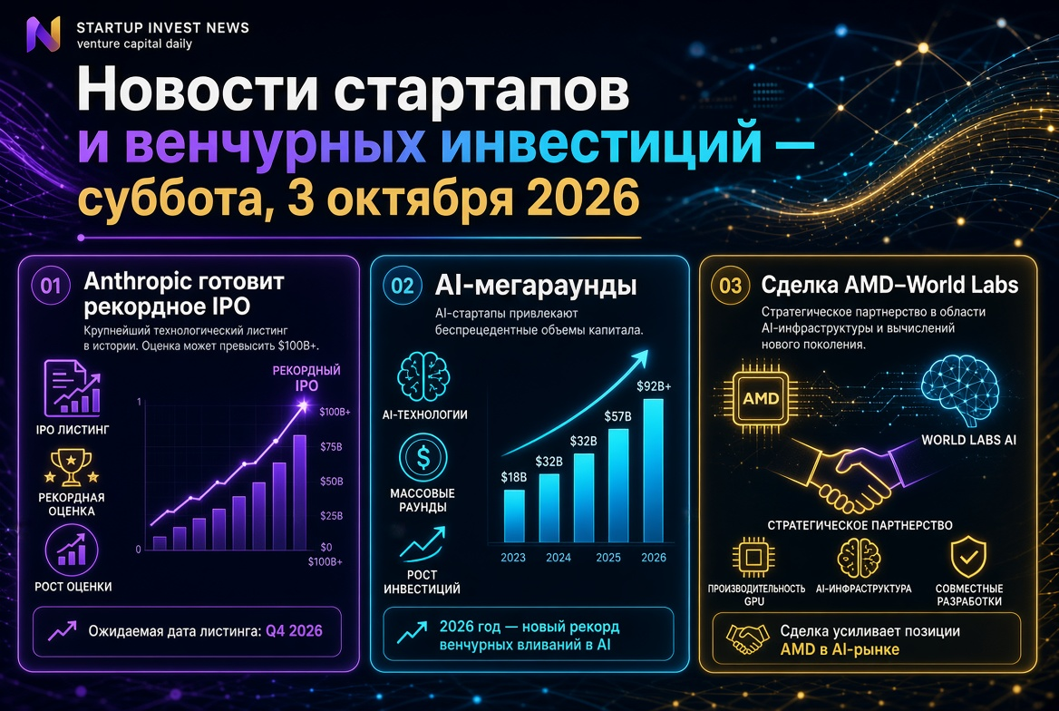 ข่าวสตาร์ทอัพและการลงทุนร่วมทุน — วันเสาร์ที่ 3 ตุลาคม 2026: Anthropic เตรียมเสนอขายหุ้นครั้งประวัติศาสตร์, รอบการลงทุน AI ขนาดใหญ่ และดีล AMD–World Labs