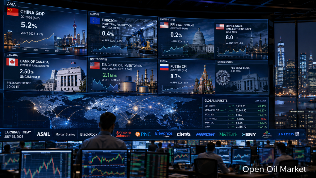 ตลาดโลกในวันที่ 15 กรกฎาคม 2026: GDP ของจีน, PPI ของสหรัฐอเมริกา, ธนาคารแคนาดา, สต็อกน้ำมัน EIA และรายงานจาก ASML, Morgan Stanley และ BlackRock