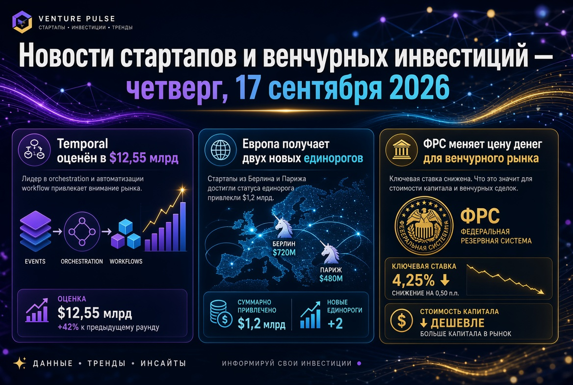 ข่าวสารสตาร์ทอัพและการลงทุนร่วมทุน — วันพฤหัสบดีที่ 17 กันยายน 2026: Temporal มีมูลค่า 12.55 พันล้านดอลลาร์, ยุโรปได้ยูนิคอร์นใหม่สองตัว, และเฟดปรับเปลี่ยนอัตราเงินสำหรับตลาดทุนร่วมทุน