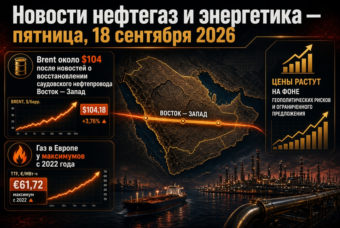 ข่าวน้ำมันและก๊าซ — วันศุกร์ที่ 18 กันยายน 2026: Brent ประมาณ 104 ดอลลาร์หลังข่าวการฟื้นฟูท่อส่งน้ำมันซาอุดีอาระเบียตะวันออก-ตะวันตก, ก๊าซในยุโรปที่สูงสุดนับตั้งแต่ปี 2022