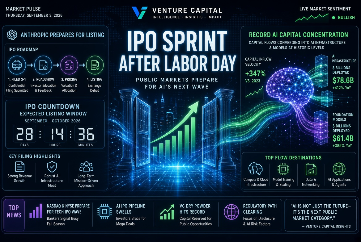 ข่าวสตาร์ทอัพและการลงทุนจากเงินทุนเสี่ยง — วันพฤหัสบดีที่ 3 กันยายน 2026: IPO-sprint หลังวันแรงงาน แผนการของ Anthropic และการรวบรวมทุน AI ที่ทำสถิติสูงสุด