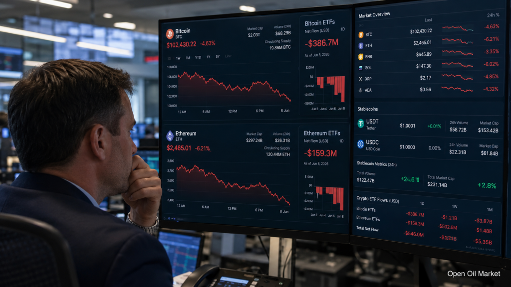ตลาดคริปโตเคอเรนซี่วันที่ 8 มิถุนายน 2026: Bitcoin ถูกกดดัน Ethereum ลดลง สเตเบิลคอยน์เสริมความแข็งแกร่ง