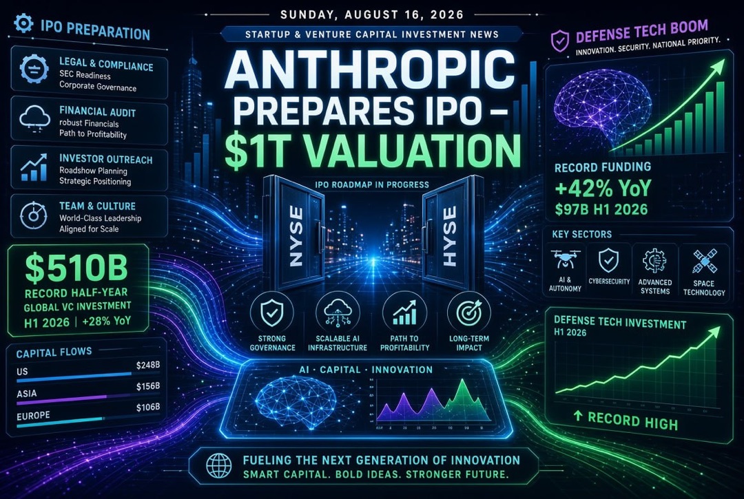 ข่าวสารสตาร์ทอัพและการลงทุนร่วมทุน - วันอาทิตย์ที่ 16 สิงหาคม 2026: Anthropic กำลังเตรียมการเข้าจดทะเบียนที่ 1 ล้านล้านดอลลาร์, ข้อมูลเป็นประวัติการณ์ 510 พันล้านดอลลาร์ในครึ่งปีแรกและความเจริญในเทคโนโลยีการป้องกัน