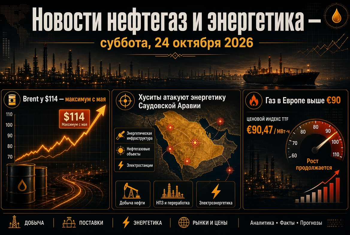 ข่าวน้ำมันและก๊าซ และพลังงาน - วันเสาร์ที่ 24 ตุลาคม 2026: Brent ที่ 114 ดอลลาร์ - สูงสุดตั้งแต่เดือนพฤษภาคม, ฮูธีโจมตีอุตสาหกรรมพลังงานซาอุดีอาระเบีย, ก๊าซในยุโรปสูงกว่า 90 ยูโร