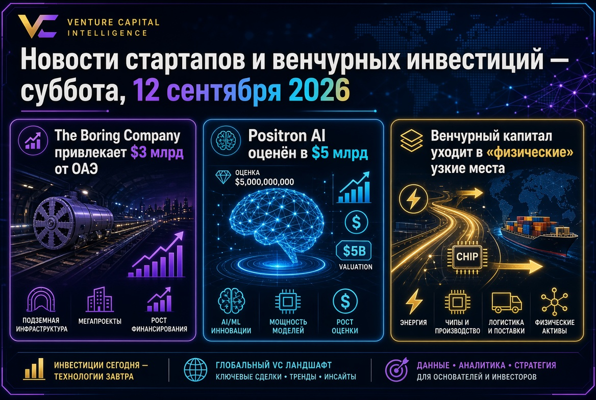 ข่าวสารสตาร์ทอัพและการลงทุนร่วมทุน — วันเสาร์ที่ 12 กันยายน 2026: The Boring Company ได้รับการลงทุน $3 พันล้านจาก UAE, Positron AI ถูกประเมินมูลค่า $5 พันล้าน, และเงินลงทุนร่วมทุนกำลังมุ่งไปยัง 'คอขวดทางกายภาพ'