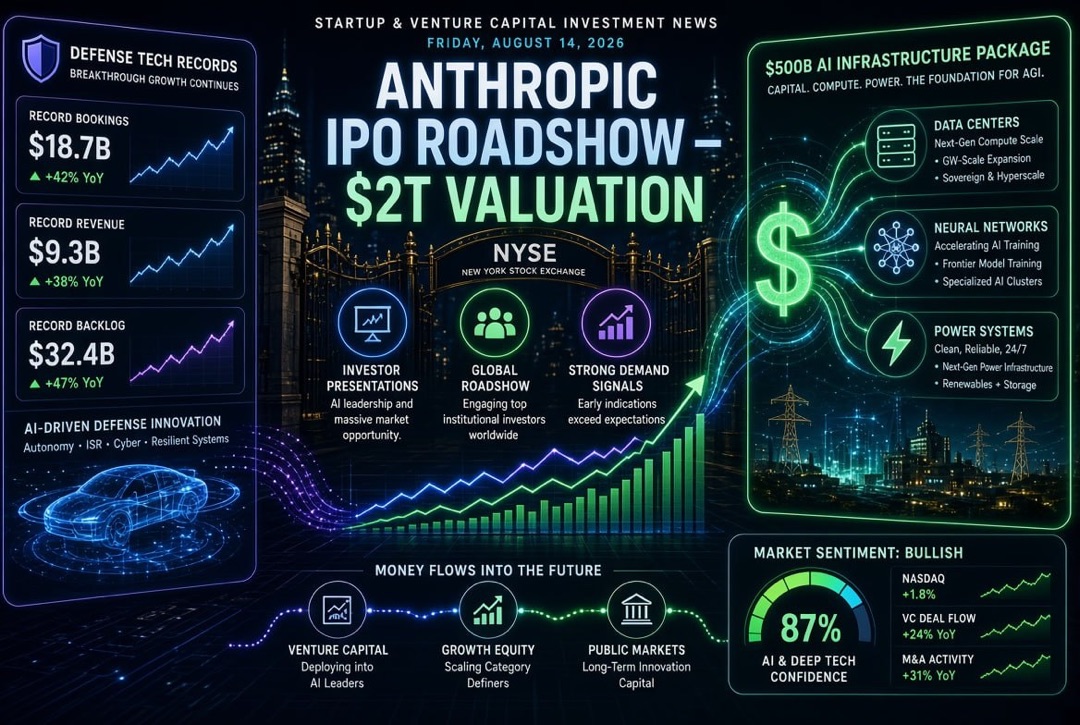 ข่าวสารสตาร์ทอัพและการลงทุนในทุน — วันศุกร์ที่ 14 สิงหาคม 2026: โรดโชว์ IPO ของ Anthropic มูลค่า 2 ล้านล้านดอลลาร์, แพ็คเกจ 500 พันล้านดอลลาร์สำหรับโครงสร้างพื้นฐาน AI และสถิติเทคโนโลยีกลาโหม