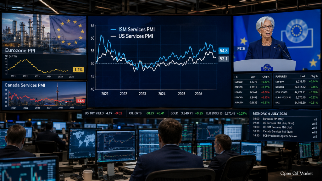 ปฏิทินเศรษฐกิจสำหรับวันที่ 6 กรกฎาคม 2026: ISM Services PMI สหรัฐอเมริกา, PPI ยูโรโซน, PMI แคนาดา, การกล่าวสุนทรพจน์ของประธาน ECB คริสติน ลาการ์ด และปฏิกิริยาของนักลงทุน