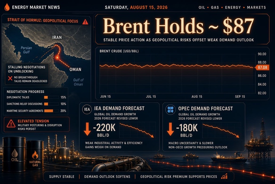 ข่าวน้ำมันและพลังงาน — วันเสาร์ที่ 15 สิงหาคม 2026: Brent ยังคงอยู่ที่ $87 ท่ามกลางการเจรจาที่คืบหน้าไม่มากเกี่ยวกับการปลดล็อกช่องแคบฮอร์มุซ; IEA และ OPEC ลดคาดการณ์อุปสงค์.